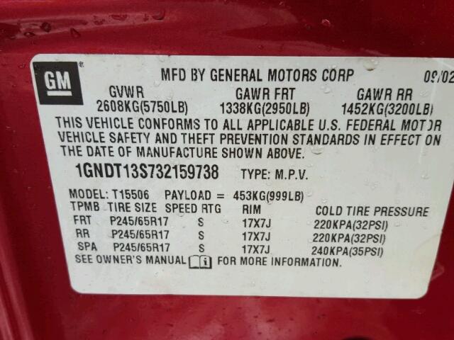 1GNDT13S732159738 - 2003 CHEVROLET TRAILBLAZE MAROON photo 10