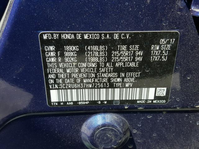 3CZRU6H37HM725613 - 2017 HONDA HR-V LX BLUE photo 10