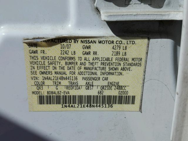 1N4AL21E48N445136 - 2008 NISSAN ALTIMA 2.5 WHITE photo 10