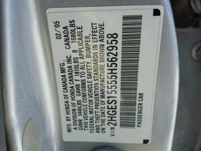 2HGES15555H562958 - 2005 HONDA CIVIC LX SILVER photo 10