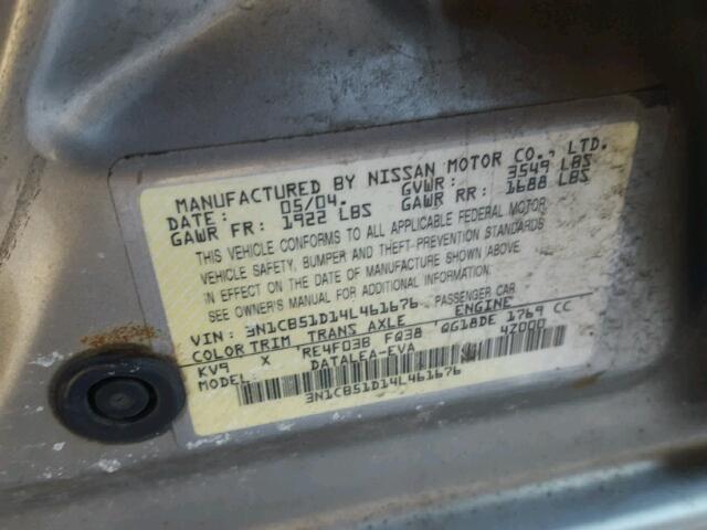 3N1CB51D14L461676 - 2004 NISSAN SENTRA 1.8 GRAY photo 10