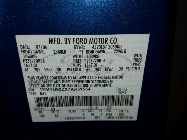 1FMYU93ZX7KA51554 - 2007 FORD ESCAPE XLT BLUE photo 10