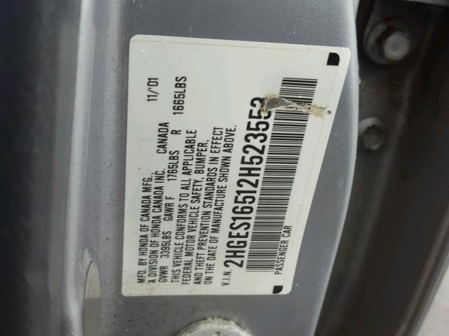 2HGES16512H523553 - 2002 HONDA CIVIC LX SILVER photo 10