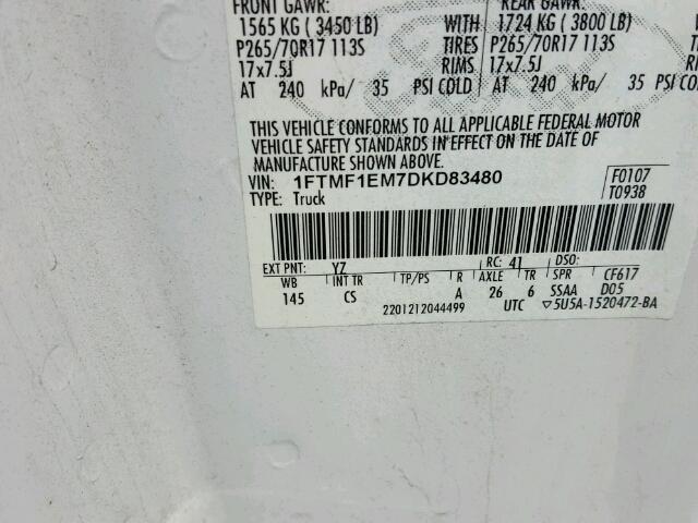 1FTMF1EM7DKD83480 - 2013 FORD F150 WHITE photo 10