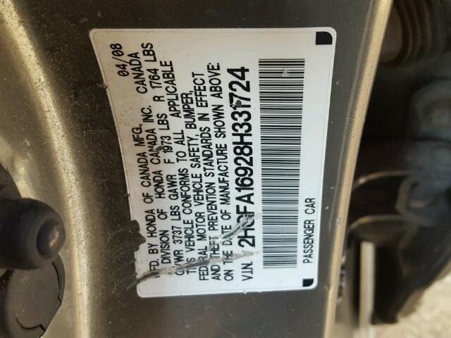 2HGFA16928H331724 - 2008 HONDA CIVIC EXL 灰色 照片 10