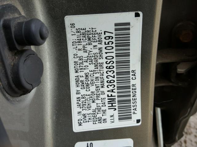 JHMFA36236S010597 - 2006 HONDA CIVIC HYBR GRAY photo 10