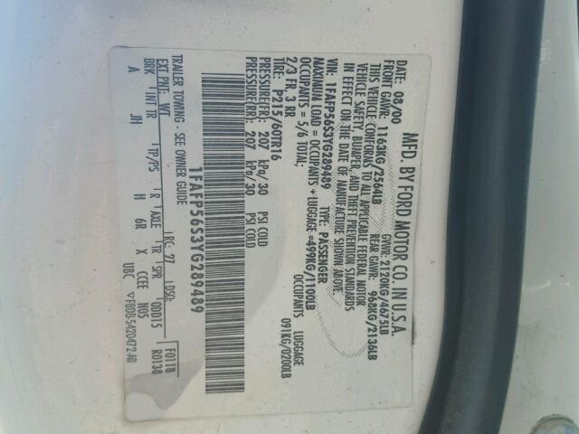 1FAFP56S3YG289489 - 2000 FORD TAURUS SEL WHITE photo 10