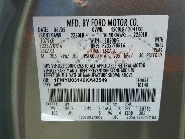 1FMYU03146KA43549 - 2006 FORD ESCAPE XLT TEAL photo 10