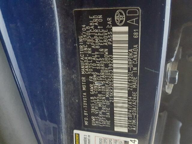 2T1KR32E55C319223 - 2005 TOYOTA COROLLA MA BLUE photo 10