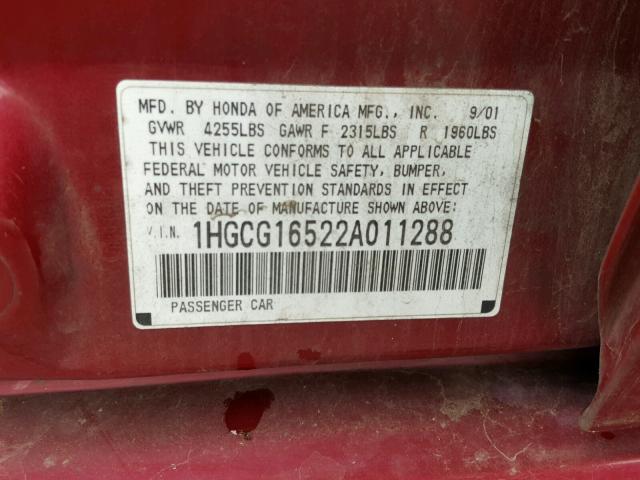 1HGCG16522A011288 - 2002 HONDA ACCORD EX BURGUNDY photo 10