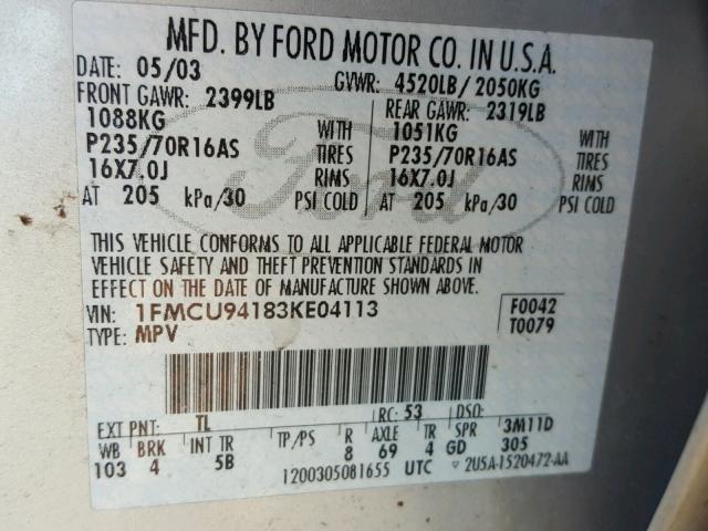 1FMCU94183KE04113 - 2003 FORD ESCAPE LIM SILVER photo 10