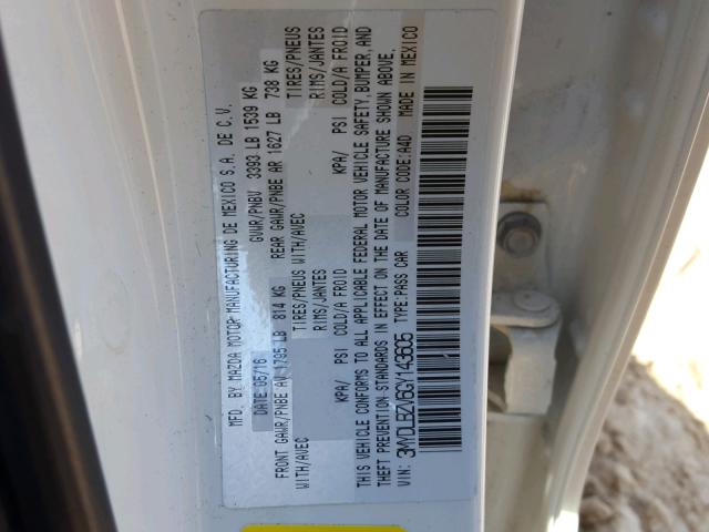 3MYDLBZV6GY143605 - 2016 TOYOTA SCION IA WHITE photo 10