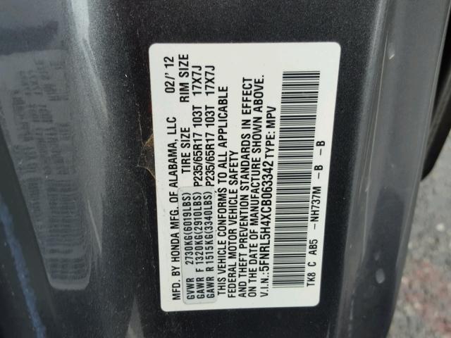 5FNRL5H4XCB063342 - 2012 HONDA ODYSSEY EX GRAY photo 10