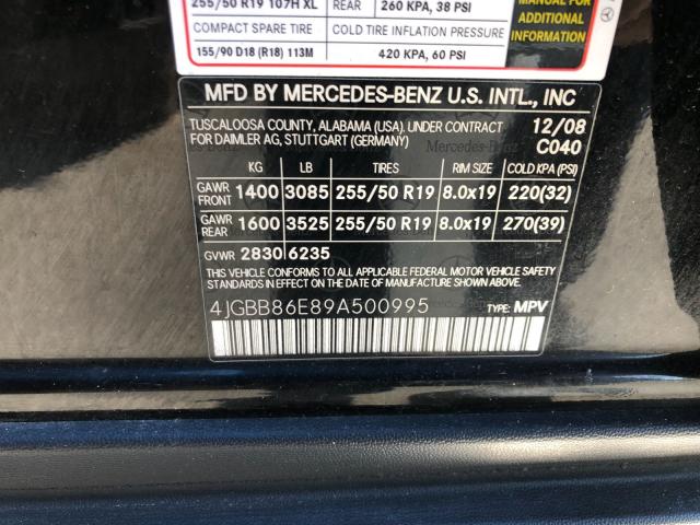 4JGBB86E89A500995 - 2009 MERCEDES-BENZ ML 350 BLACK photo 10