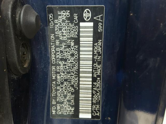 JTKDE177860100974 - 2006 TOYOTA SCION TC 蓝色 照片 10