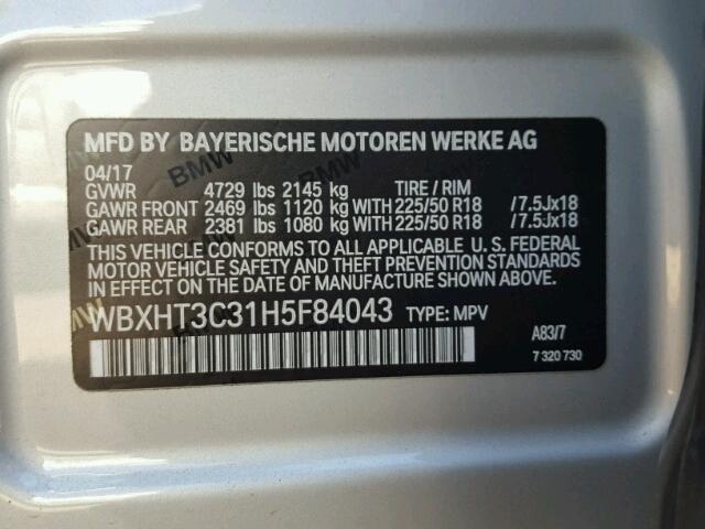 WBXHT3C31H5F84043 - 2017 BMW X1 XDRIVE2 SILVER photo 10