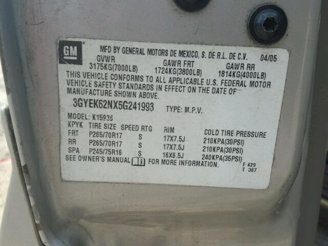 3GYEK62NX5G241993 - 2005 CADILLAC ESCALADE E GRAY photo 10