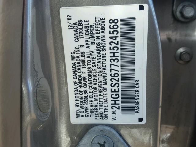 2HGES26773H524568 - 2003 HONDA CIVIC EX ვერცხლისფერი ფოტო 10