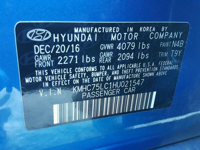 KMHC75LC1HU021547 - 2017 HYUNDAI IONIQ SEL BLUE photo 10