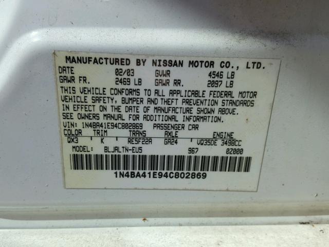 1N4BA41F94C802869 - 2004 NISSAN MAXIMA SE WHITE photo 10