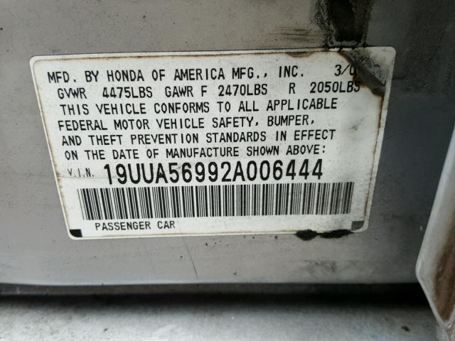 19UUA56992A006444 - 2002 ACURA 3.2TL TYPE SILVER photo 10