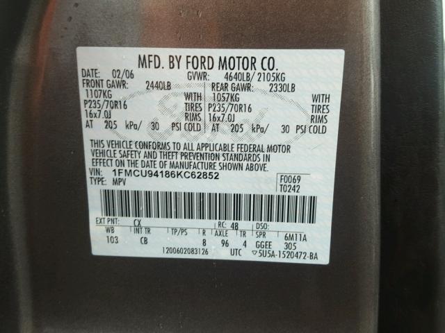 1FMCU94186KC62852 - 2006 FORD ESCAPE LIM WHITE photo 10