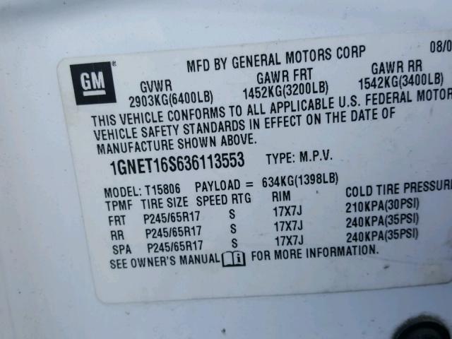 1GNET16S636113553 - 2003 CHEVROLET TRAILBLAZE WHITE photo 10