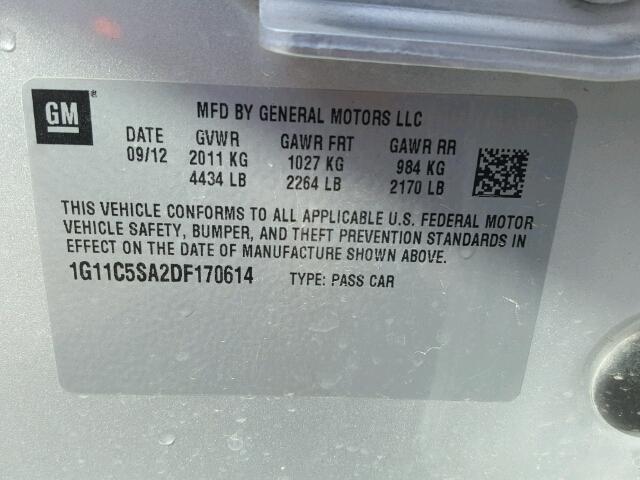 1G11C5SA2DF170614 - 2013 CHEVROLET MALIBU 1LT 银色 照片 10