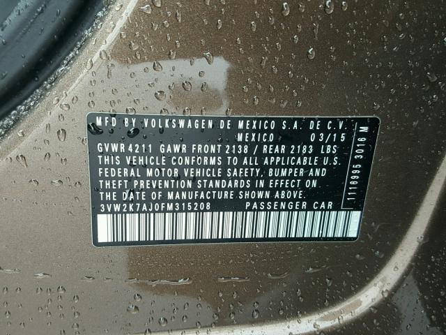3VW2K7AJ0FM315208 - 2015 VOLKSWAGEN JETTA BASE 棕色 照片 10