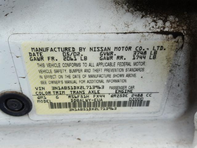 3N1AB51DX2L713963 - 2002 NISSAN SENTRA SE- WHITE photo 10