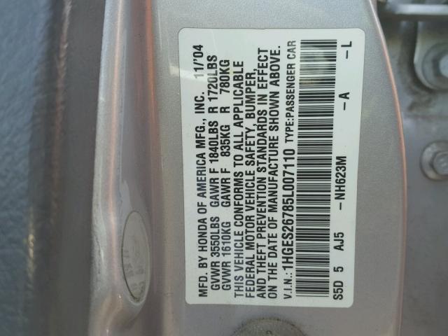 1HGES26785L007110 - 2005 HONDA CIVIC EX SILVER photo 10