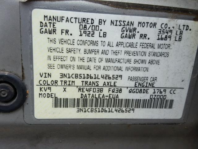 3N1CB51D61L426529 - 2001 NISSAN SENTRA XE GOLD photo 10