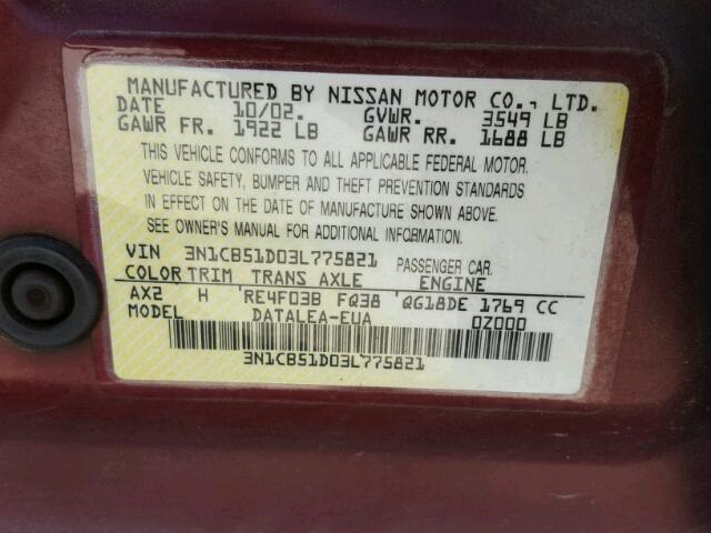 3N1CB51D03L775821 - 2003 NISSAN SENTRA XE MAROON photo 10