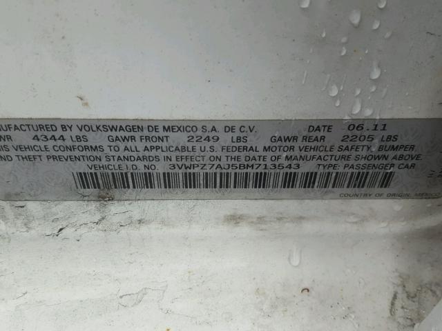 3VWPZ7AJ5BM713543 - 2011 VOLKSWAGEN JETTA S 白色 照片 10