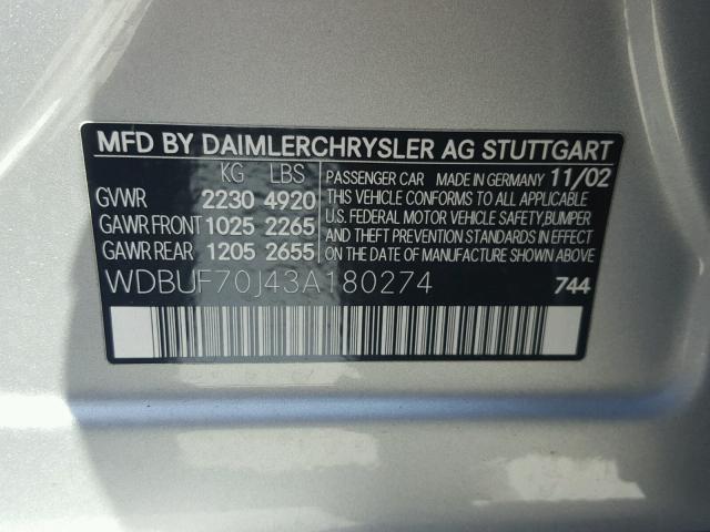 WDBUF70J43A180274 - 2003 MERCEDES-BENZ E 500 SILVER photo 10