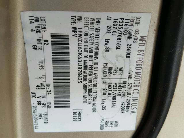 1FMZU63K63UB78435 - 2003 FORD EXPLORER X TAN photo 10