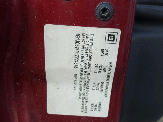 1G1JC524017224573 - 2001 CHEVROLET CAVALIER B RED photo 10