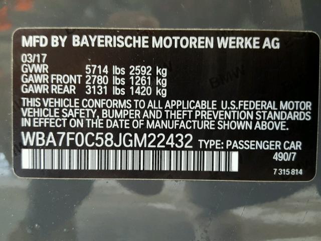 WBA7F0C58JGM22432 - 2018 BMW 750 I CHARCOAL photo 10