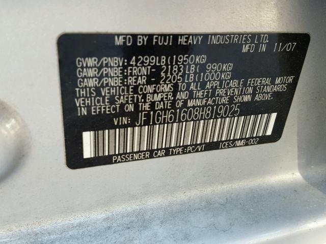 JF1GH61608H819025 - 2008 SUBARU IMPREZA 2. SILVER photo 10