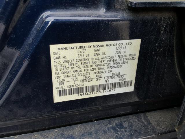 1N4AL21E77C221675 - 2007 NISSAN ALTIMA 2.5 BLUE photo 10