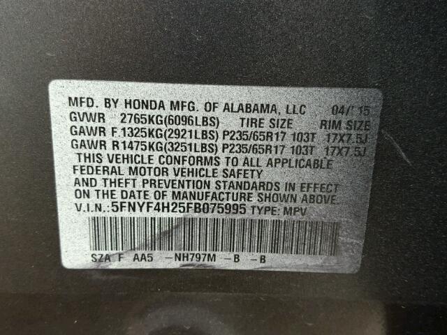 5FNYF4H25FB075995 - 2015 HONDA PILOT LX GRAY photo 10