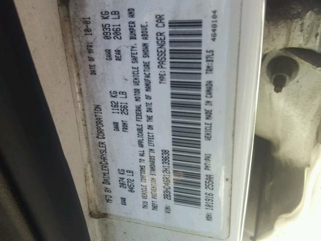 2B3HD46R12H139638 - 2002 DODGE INTREPID S WHITE photo 10