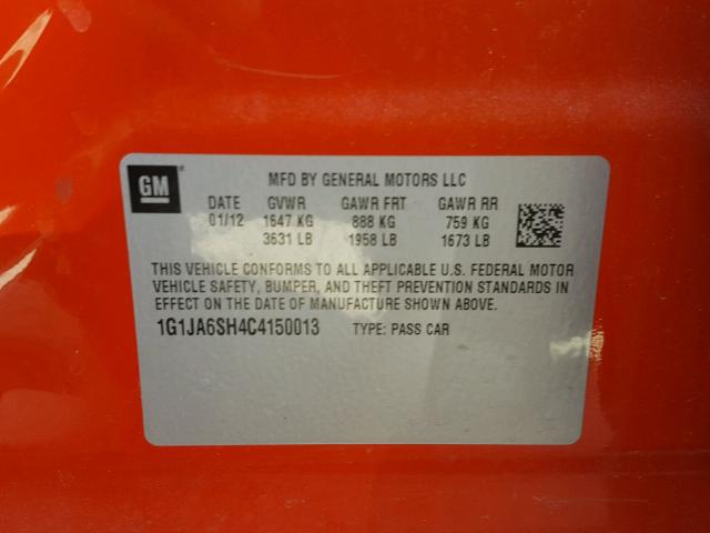 1G1JA6SH4C4150013 - 2012 CHEVROLET SONIC LS 橙色 照片 10