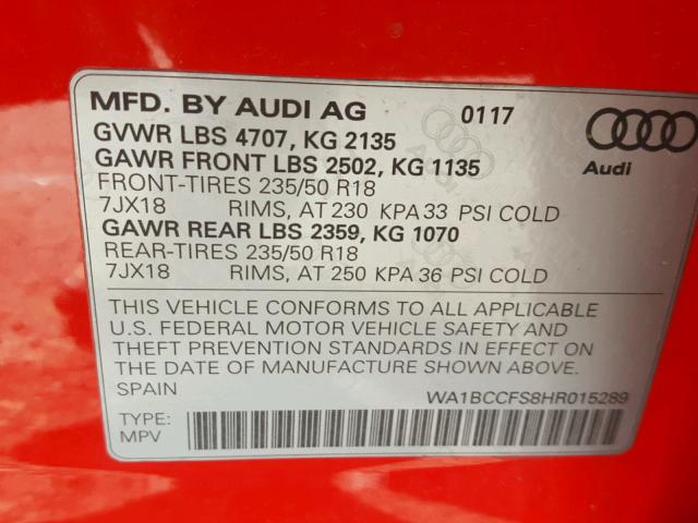 WA1BCCFS8HR015289 - 2017 AUDI Q3 PREMIUM RED photo 10