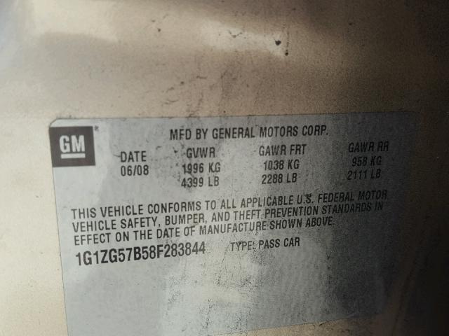 1G1ZG57B58F283844 - 2008 CHEVROLET MALIBU LS ოქროსფერი ფოტო 10