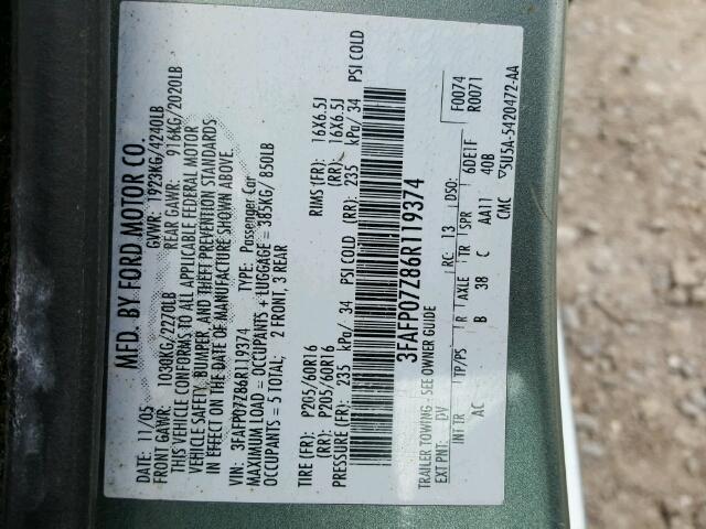 3FAFP07Z86R119374 - 2006 FORD FUSION SE TEAL photo 10