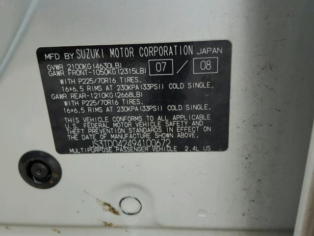 JS3TD042494100672 - 2009 SUZUKI GRAND VITA SILVER photo 10