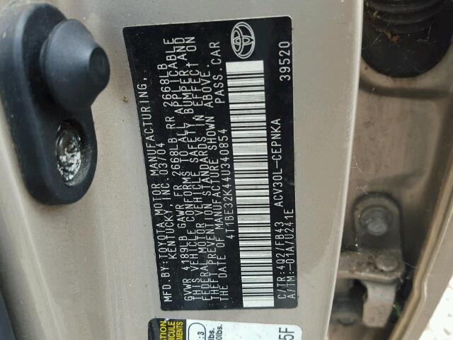4T1BE32K44U340854 - 2004 TOYOTA CAMRY LE 金色 照片 10