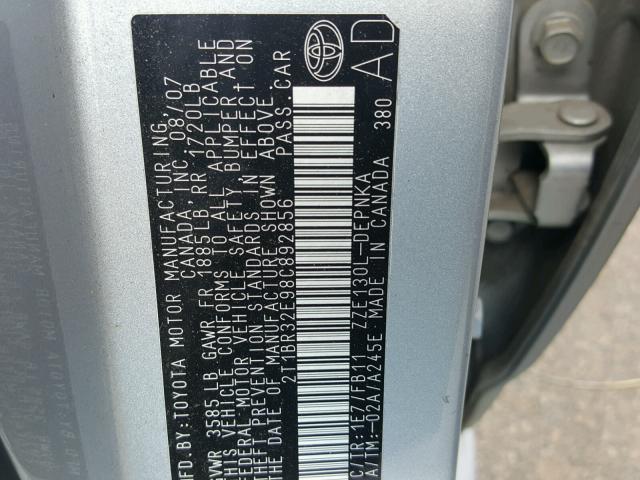 2T1BR32E98C892856 - 2008 TOYOTA COROLLA CE SILVER photo 10