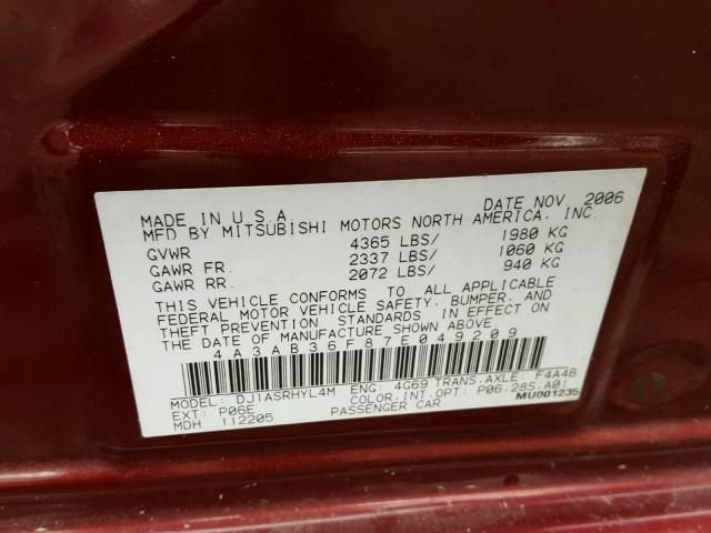 4A3AB36F87E049209 - 2007 MITSUBISHI GALANT ES MAROON photo 10